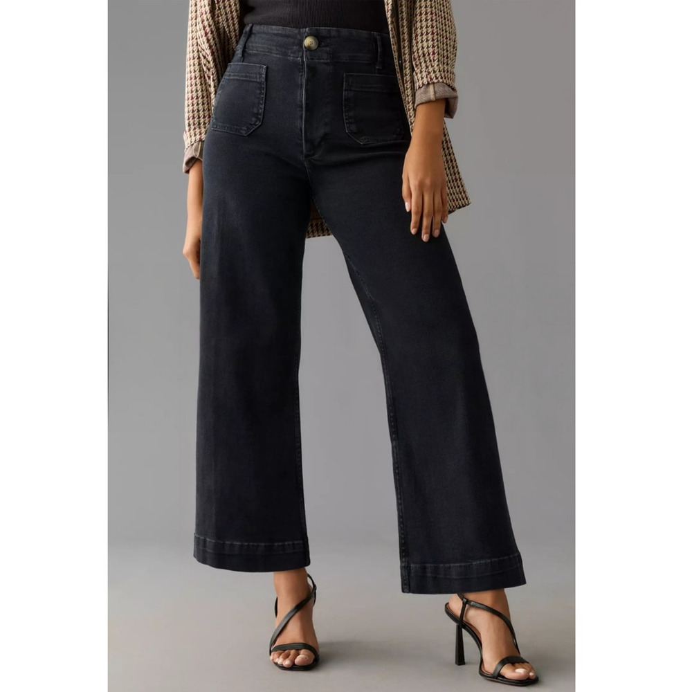Maeve Colette Anthropologie Pants 16 Wide Leg Black Cotton Stretch Trouser Crop
